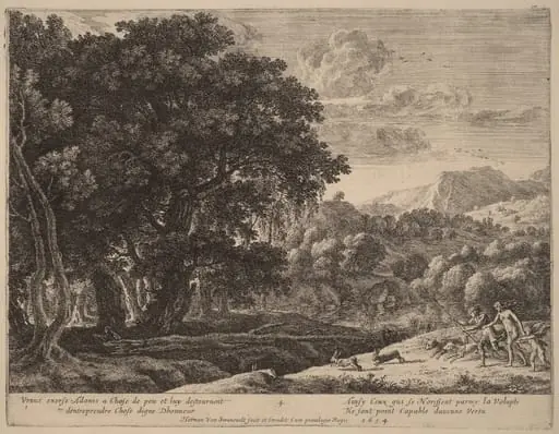 Venus and Adonis Hunting, by Herman van Swanevelt, ink, 1628