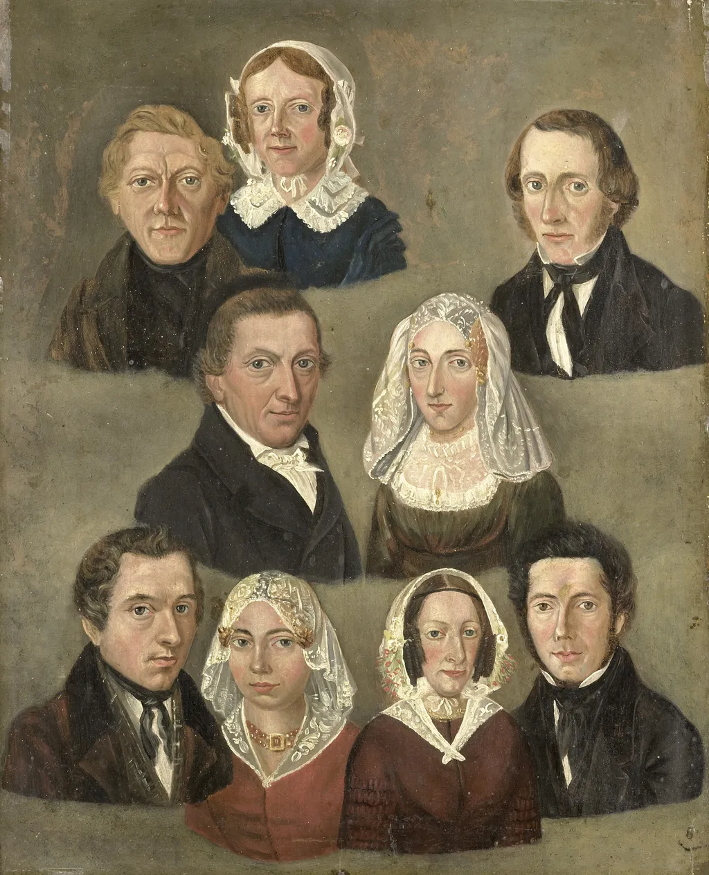 Portret van de predikant Hendrick de Cock te Ulrum, met zijn vrouw, en zeven andere portretten, by Kornelis Douwes Teenstra, oil, 1834