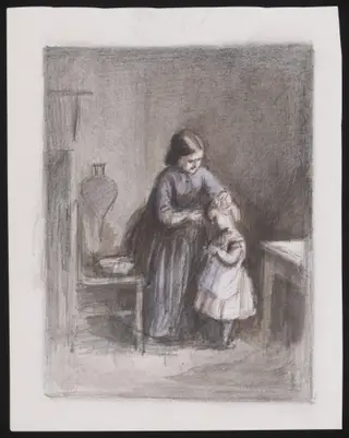 A mother washing a little girl, by Joseph Clark, watercolor, 1860