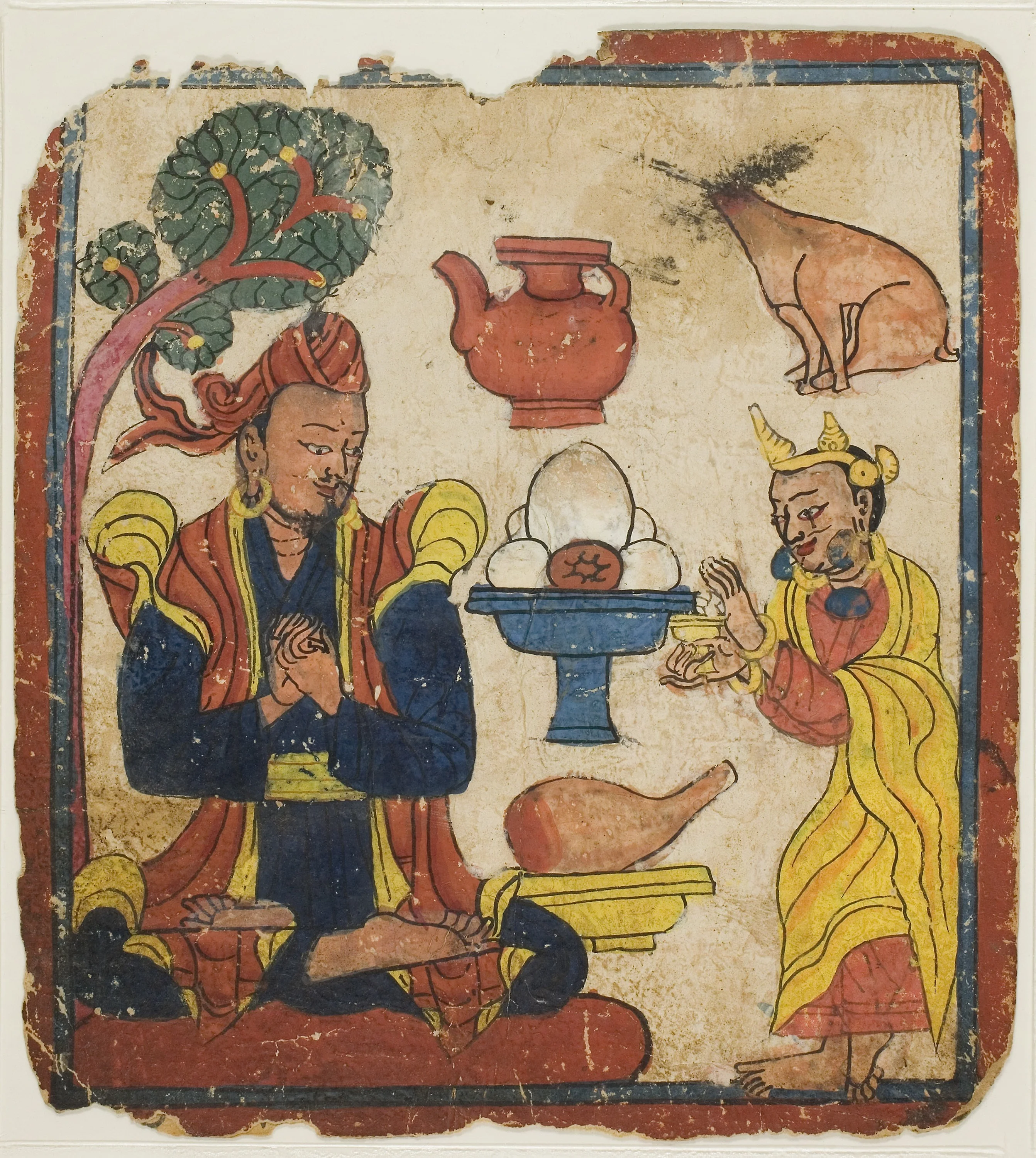 King Mangkur Nourished by Queen Devika, from a Set of Initiation Cards (Tsakali), detail