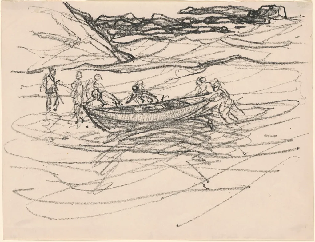 Launching the Life Boat, by Charles H. Woodbury, crayon, 1934