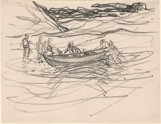 Launching the Life Boat, by Charles H. Woodbury, crayon, 1934