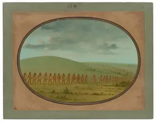Indian File - Iowa, by George Catlin, oil, 1865