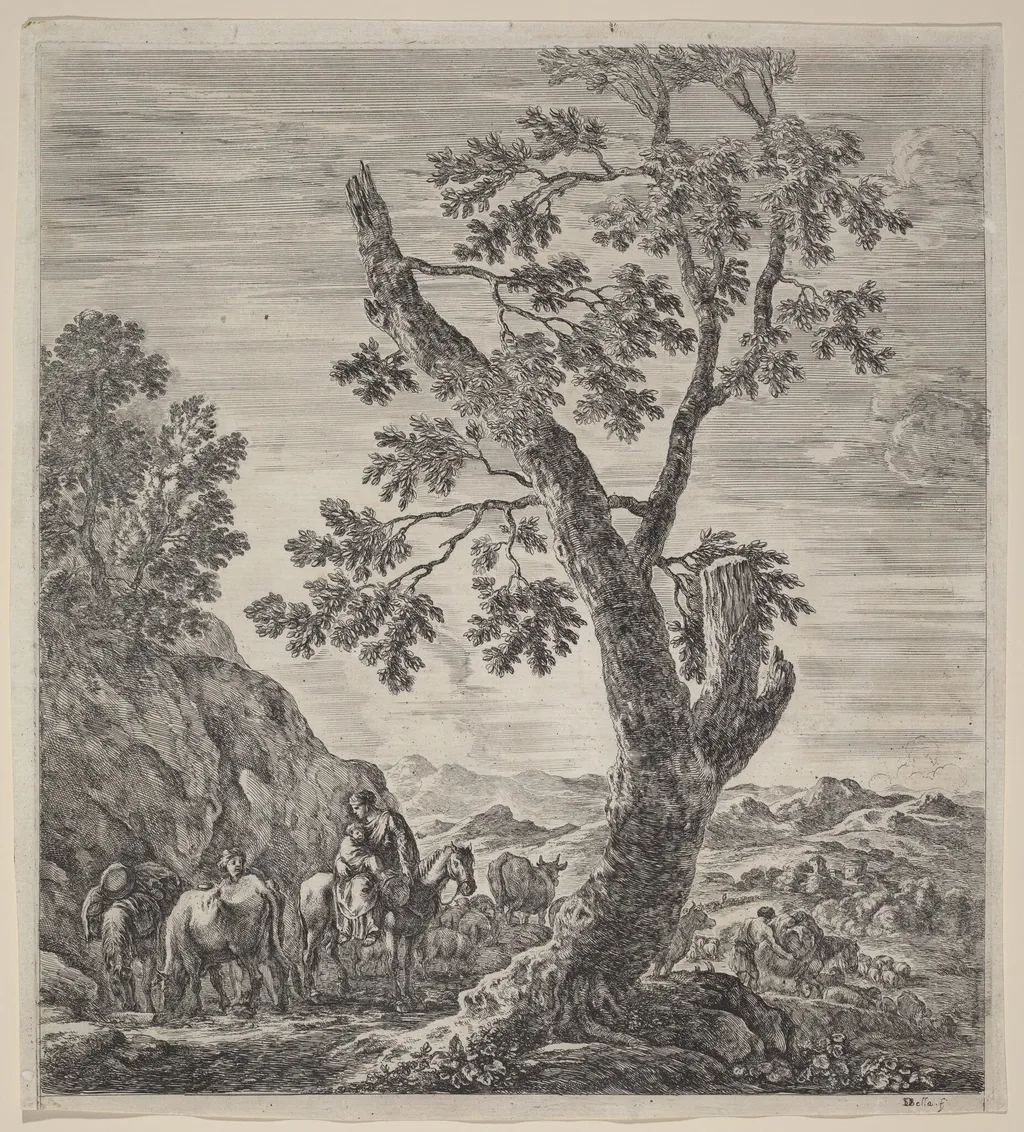 Peasant Woman on Horseback with a Child in Her Arms, by Stefano Della Bella, ink, 1656