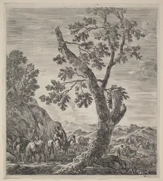 Peasant Woman on Horseback with a Child in Her Arms, by Stefano Della Bella, ink, 1656