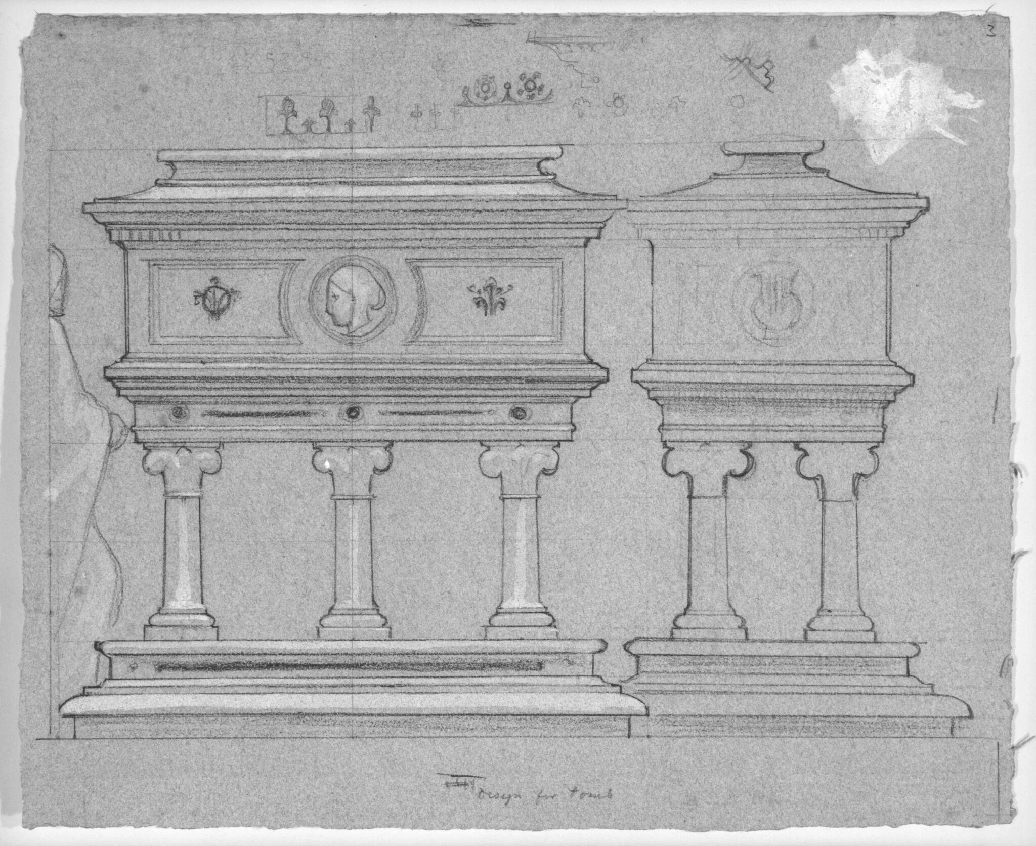 Studies for Mrs Browning's Tomb at Florence, side and end elevation with some small details of ornament, detail