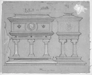 Studies for Mrs Browning's Tomb at Florence, side and end elevation with some small details of ornament, by Frederic, Lord Leighton, 1861