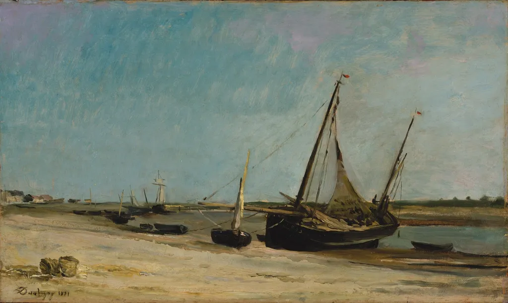 Boats on the Seacoast at Étaples, by Charles François Daubigny, oil, 1871