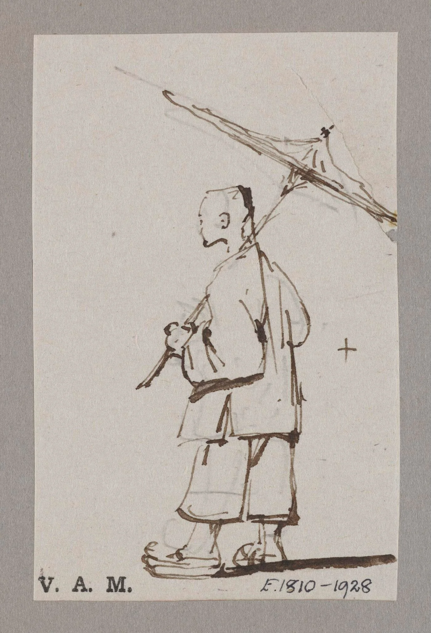 A Chinese man holding up a parasol, detail