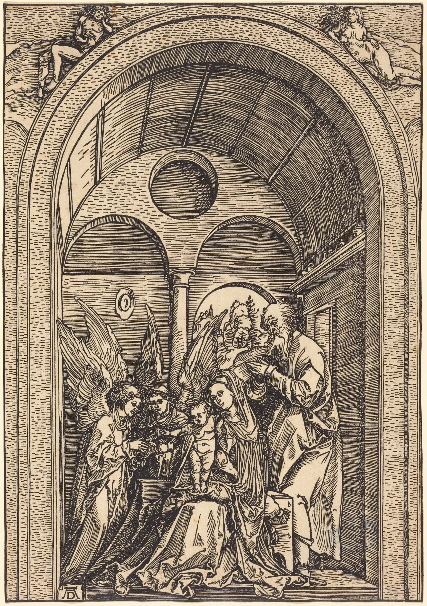 The Holy Family with Two Angels in a Vaulted Hall, detail