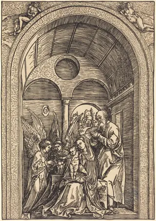 The Holy Family with Two Angels in a Vaulted Hall, by Albrecht Dürer, ink, 1504