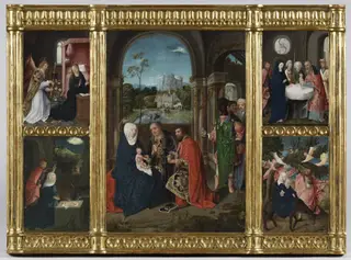 Altarpiece showing scenes from the Infancy of Christ: The Adoration of the Magi [center]; The Annunciation; The Presentation of Christ in the Temple; The Flight into Egypt; The Nativity [clockwise from upper left], by Master of Hoogstraeten, oil