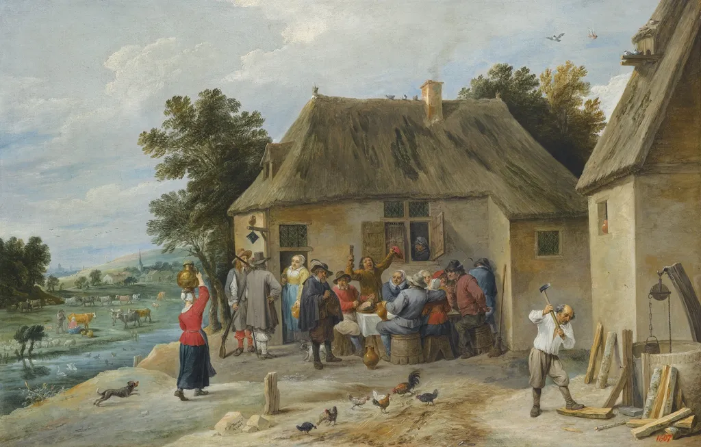 A Countryside Inn, with the innkeeper chopping wood, by David Teniers the Younger, oil, 1654