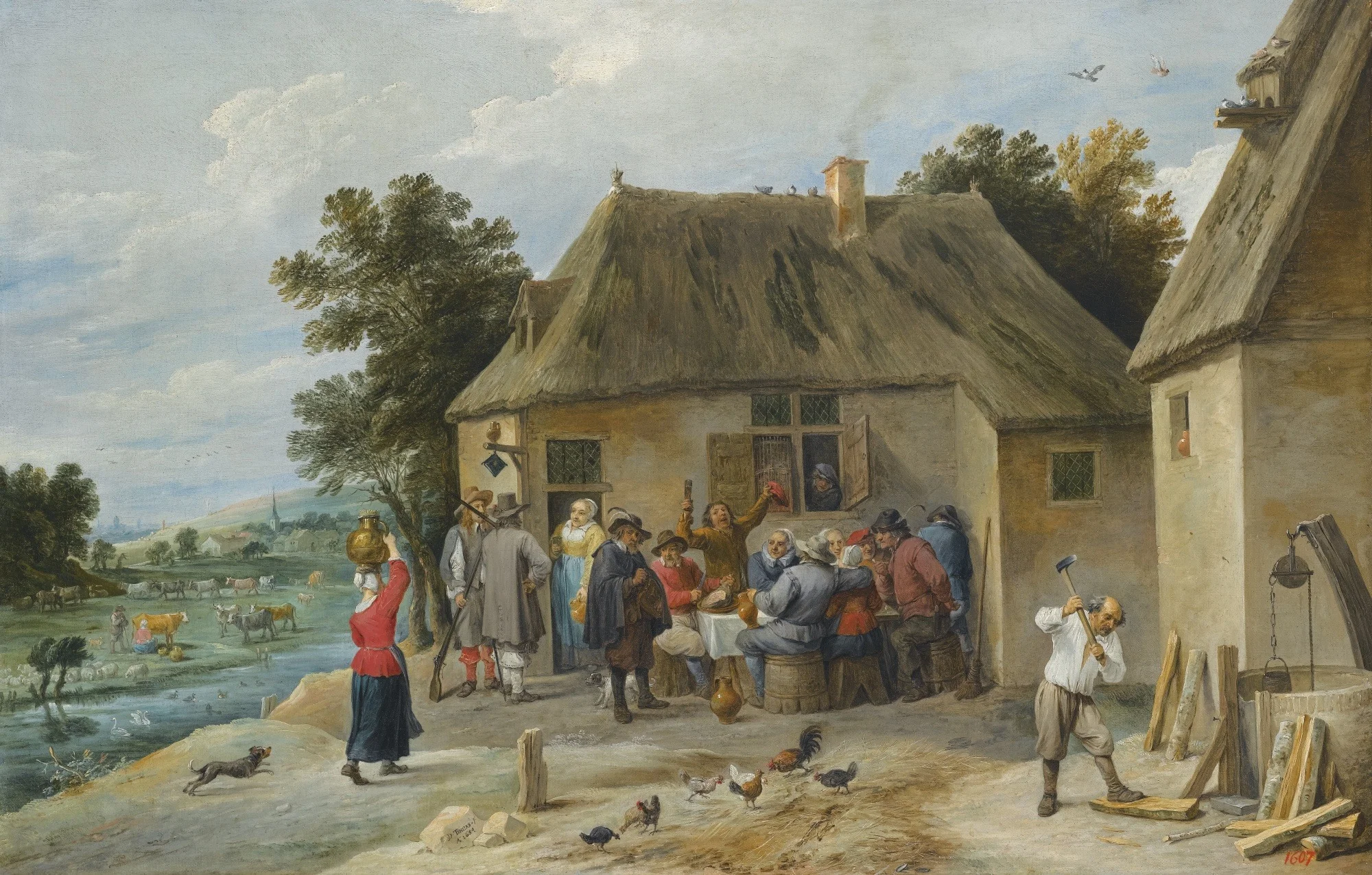 A Countryside Inn, with the innkeeper chopping wood, detail