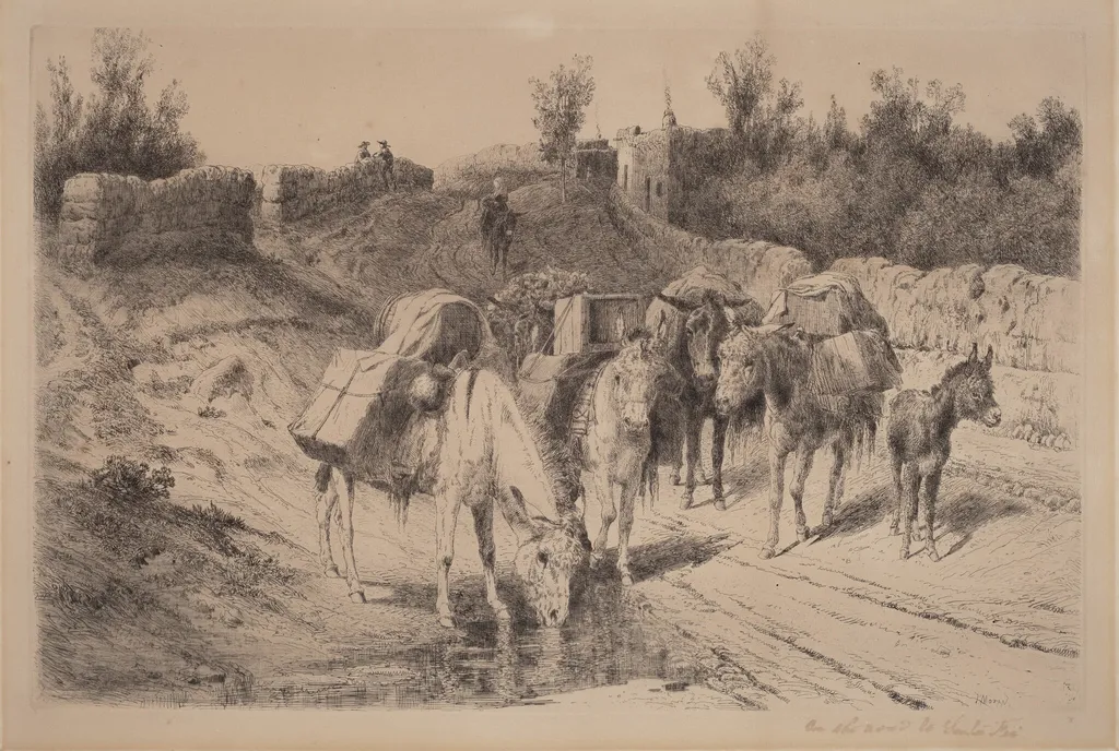 On the Road to Santa Fe, by Peter Moran, ink, 1884