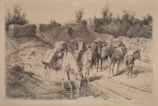 On the Road to Santa Fe, by Peter Moran, ink, 1884