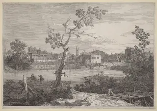 View of a Town on a River Bank, by Canaletto, ink, 1740