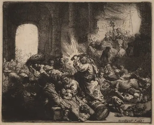 Christ Driving the Money Changers from the Temple, by Rembrandt, ink, 1635