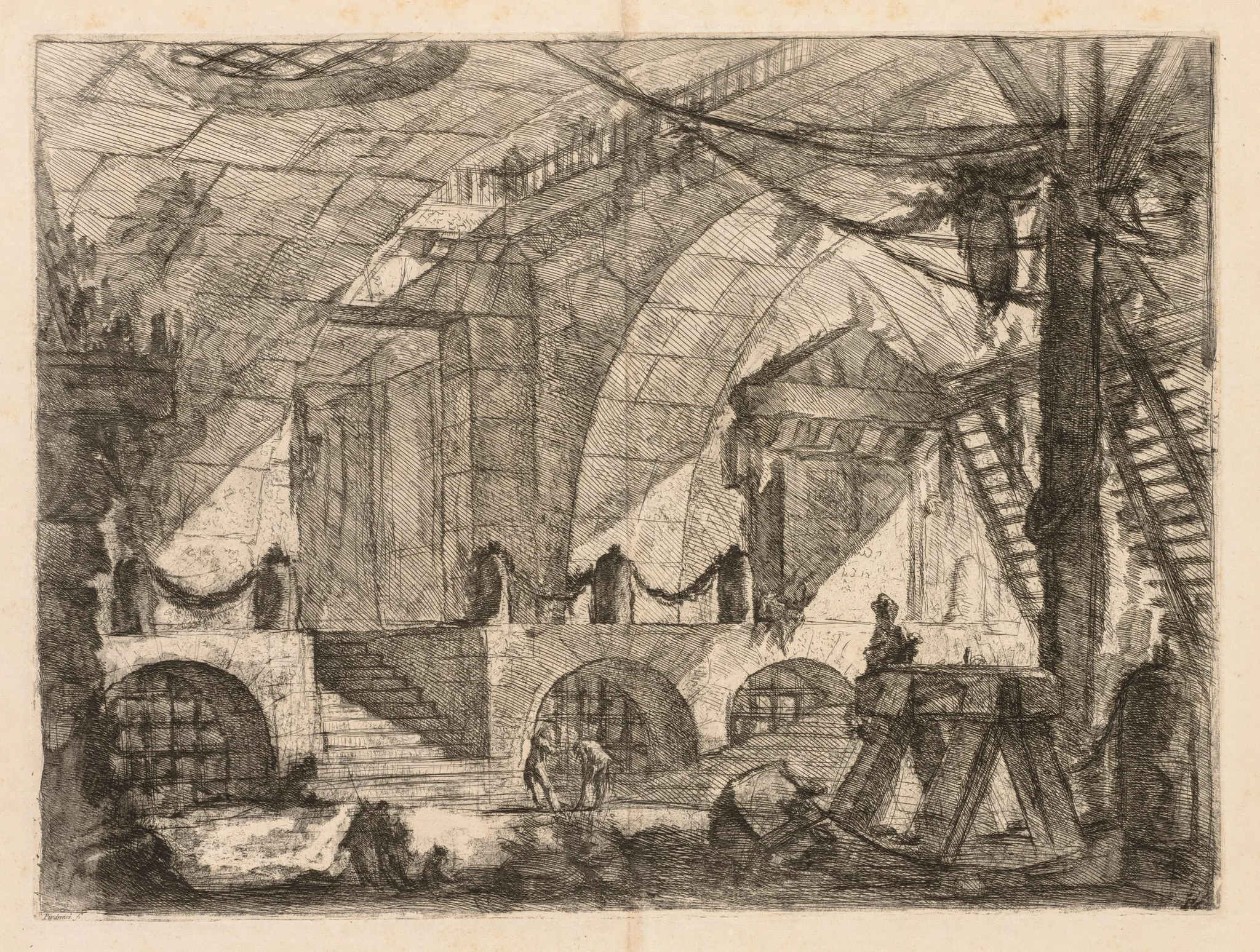 The Prisons: An Arched Chamber with Posts and Chains, detail