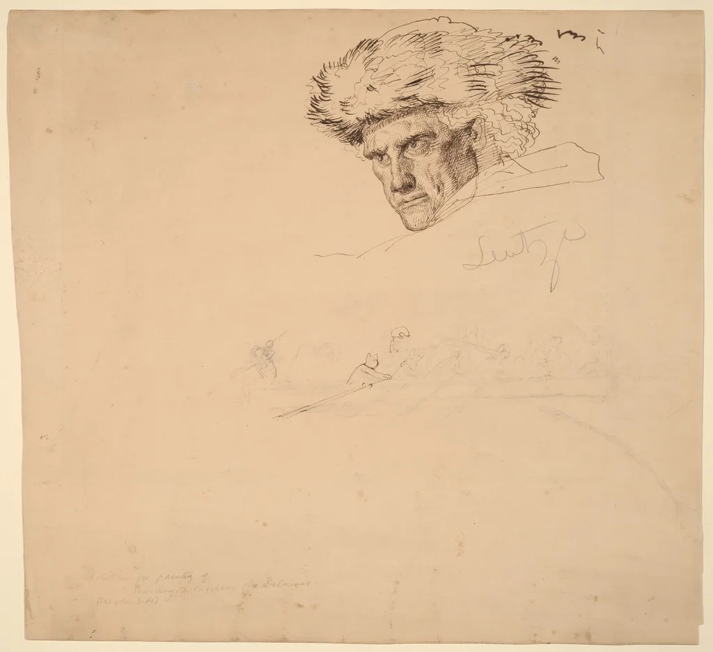 Studies for "Washington Crossing the Delaware" [recto], by Emanuel Gottlieb Leutze, ink, 1849