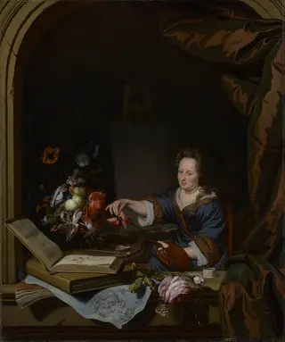 Rachel Ruysch in her studio, by Rachel Ruysch, oil, 1696