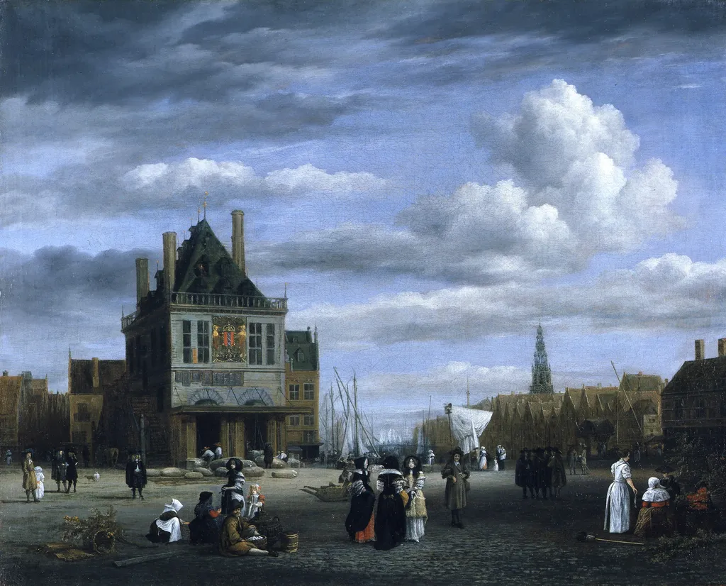 The Dam Square in Amsterdam with the Weigh House, by Jacob van Ruisdael, oil, 1675