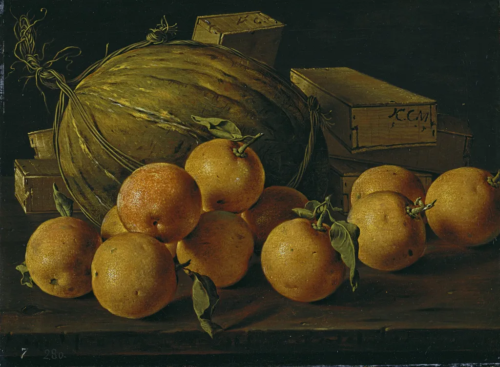 Still Life with Oranges Melon and Boxes of Sweets, by Luis Egidio Meléndez, oil, 1751