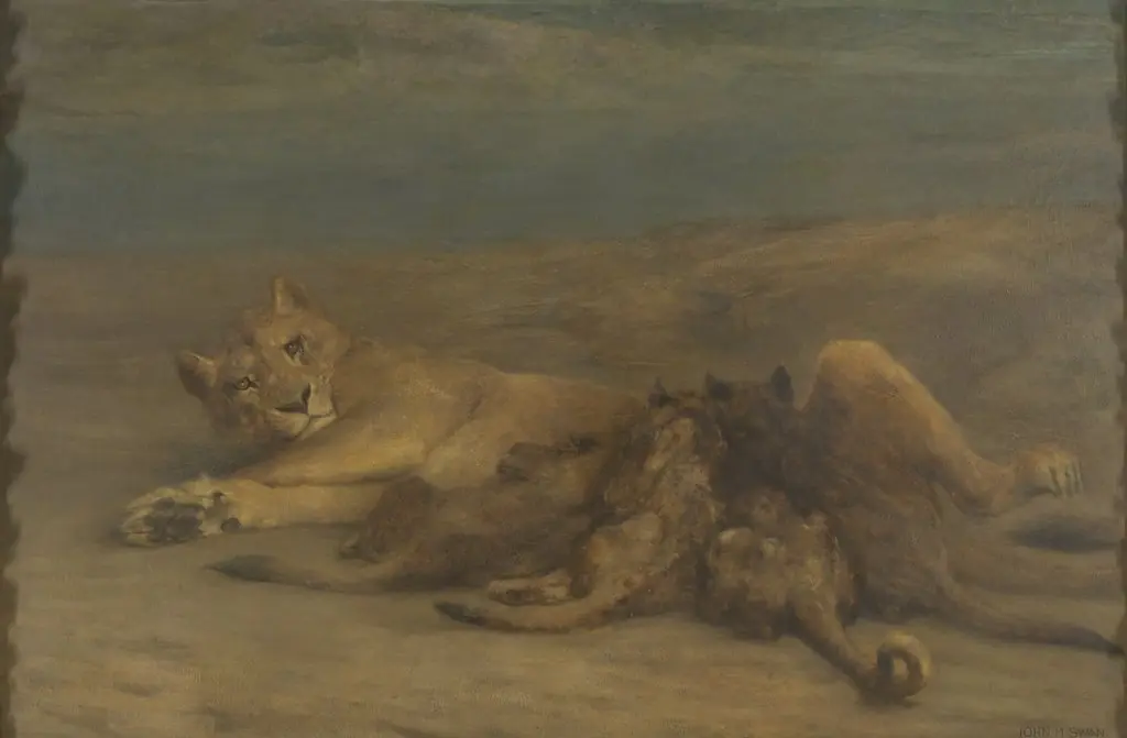 Een leeuwin met vier zogende welpen, genaamd 'Moederliefde', by John Macallan Swan, oil, 1894