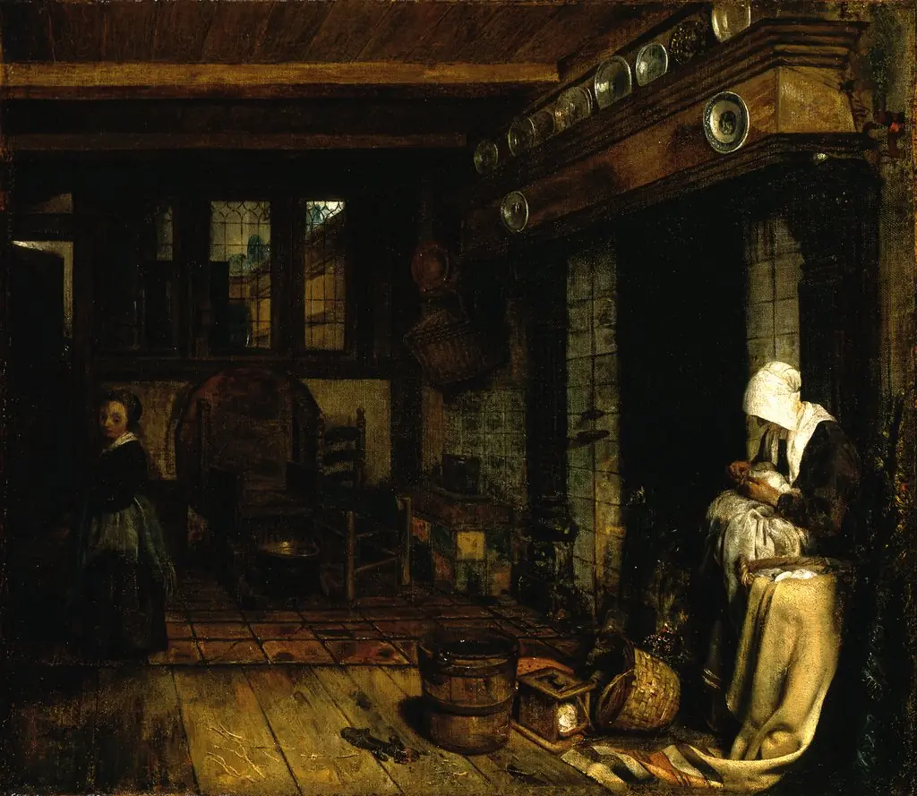 Dutch Interior with Woman Sewing, by Esaias Boursse, oil, 1660