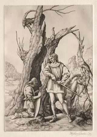 Peronnik the Fool:  Peronnik and Sir Gilles, by Stephen Gooden, 1933