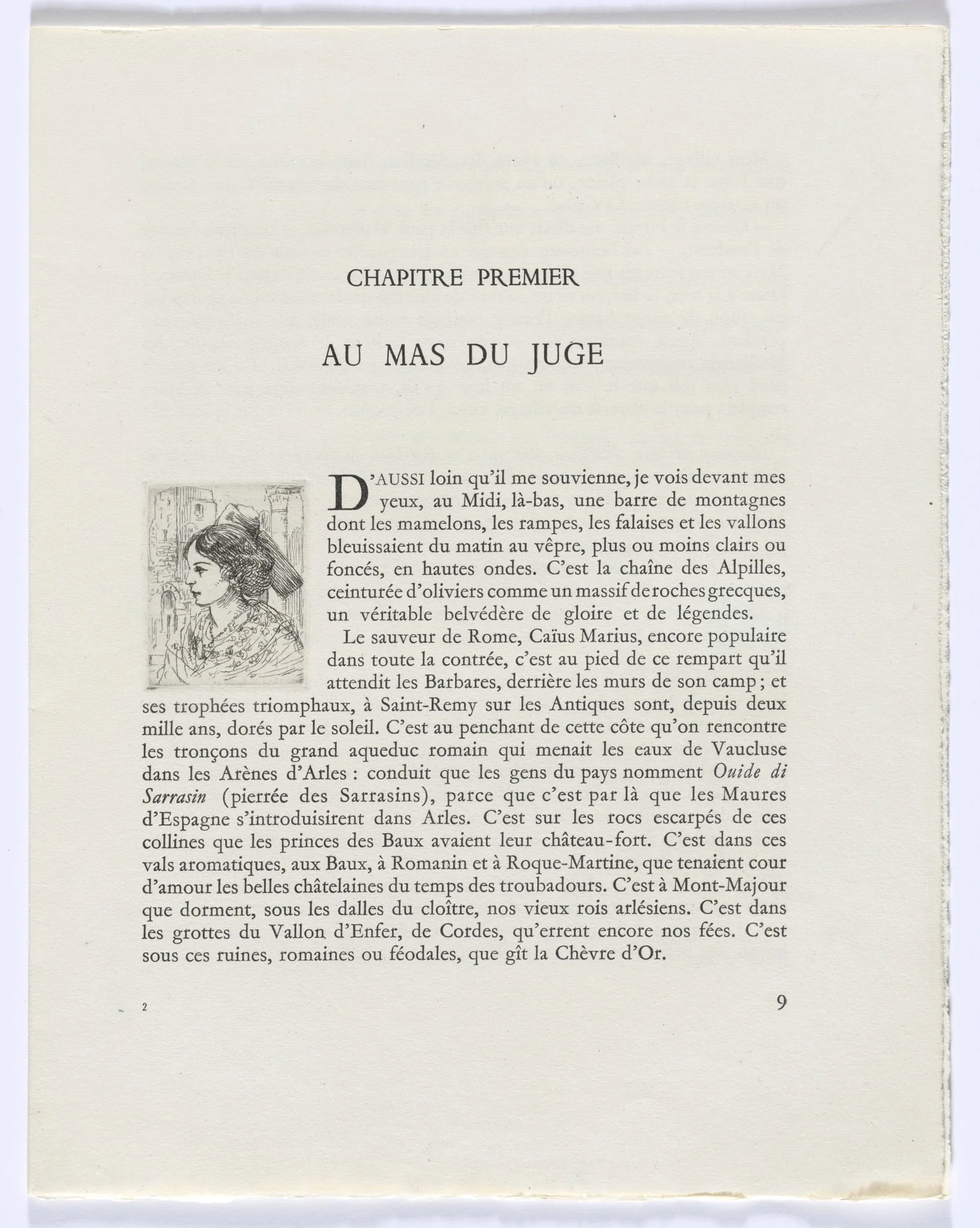 Frédéric Mistral: Mémoires et Recits by Frédéric Mistral: bust of woman in profile (page 9), detail
