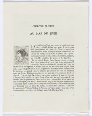 Frédéric Mistral: Mémoires et Recits by Frédéric Mistral: bust of woman in profile (page 9), by Auguste Brouet, 1937