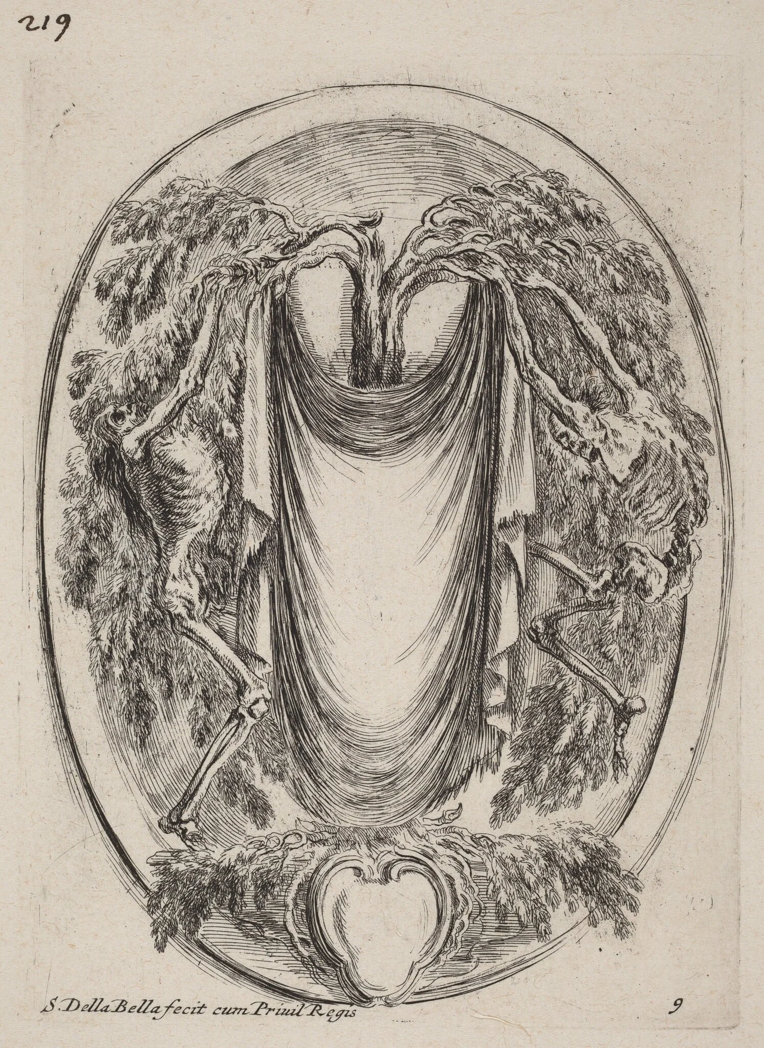 Cartouche in the Form of a Drape Suspended from a Cypress Flanked by Skeletons, detail