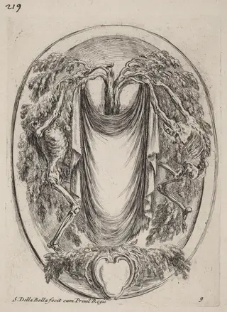 Cartouche in the Form of a Drape Suspended from a Cypress Flanked by Skeletons, by Stefano Della Bella, ink, 1647