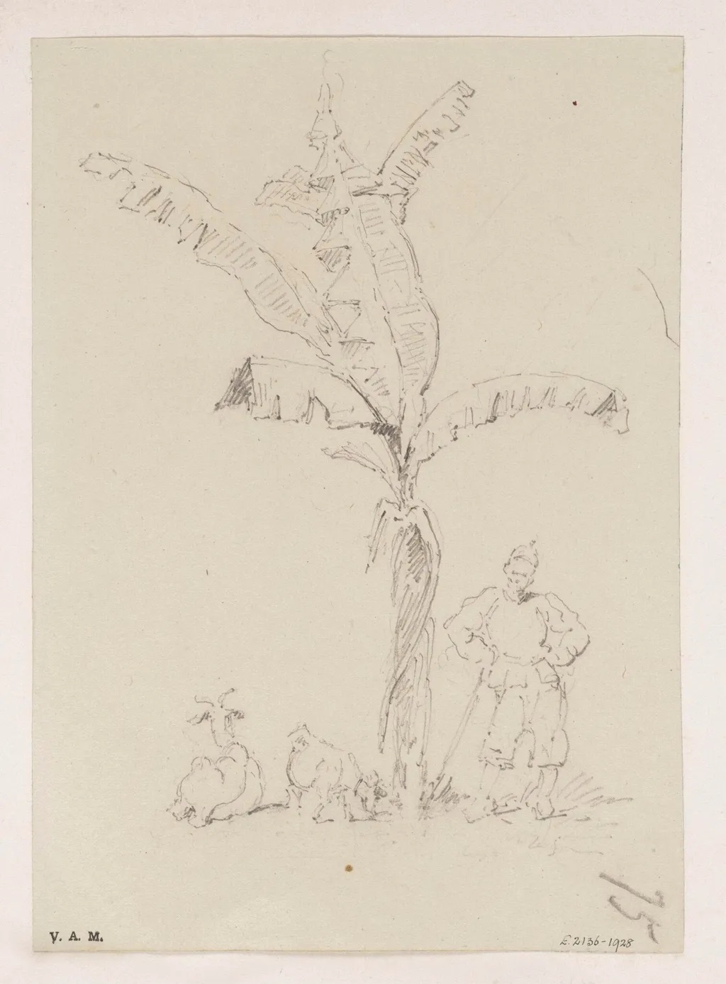 A Chinese man and two goats beneath a banana palm, by George Chinnery, 19