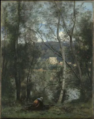A Woman Gathering Faggots at Ville-d'Avray, by Jean Baptiste Camille Corot, oil, 1871