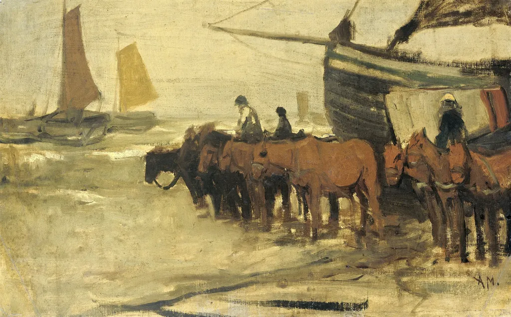 Launching a fishing boat (type 'Pink') in the sea, by Anton Mauve, oil