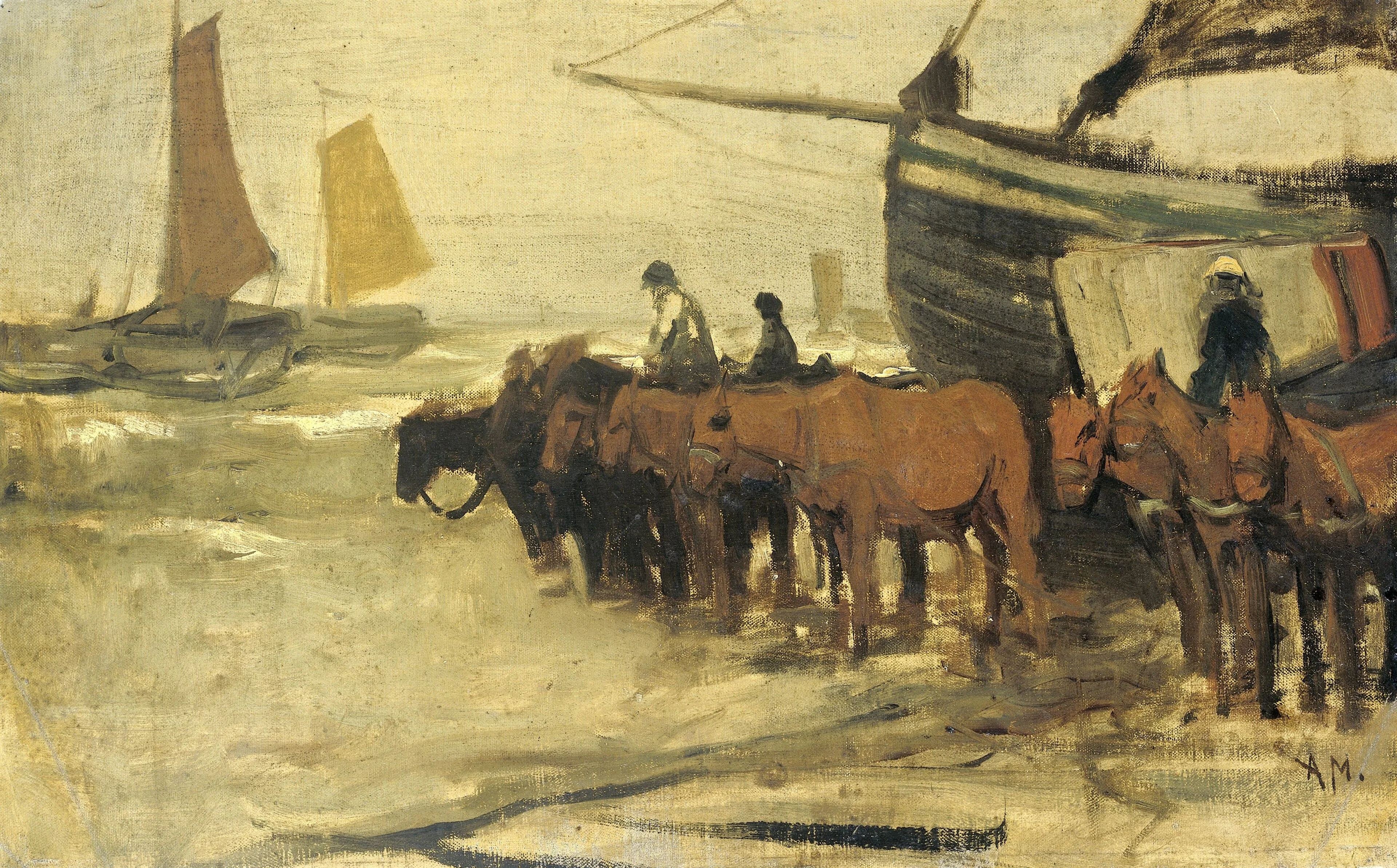 Launching a fishing boat (type 'Pink') in the sea, detail