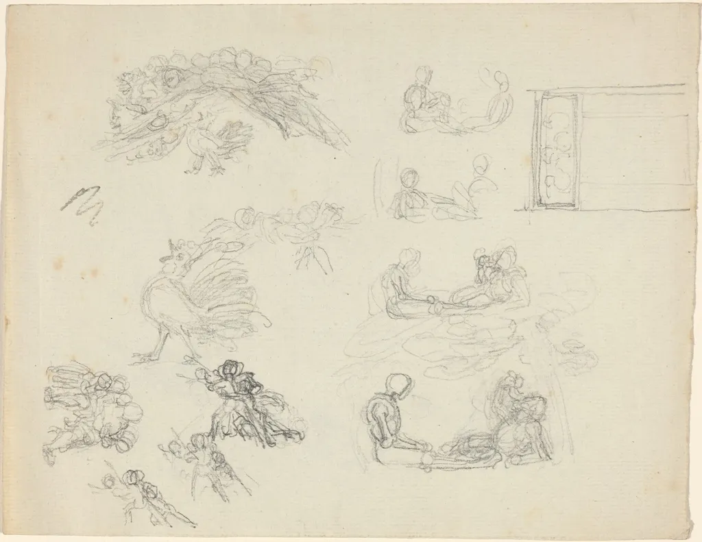 Studies of Crowing Rooster and Reclining Figures [recto and verso], by John Flaxman, graphite, 1788