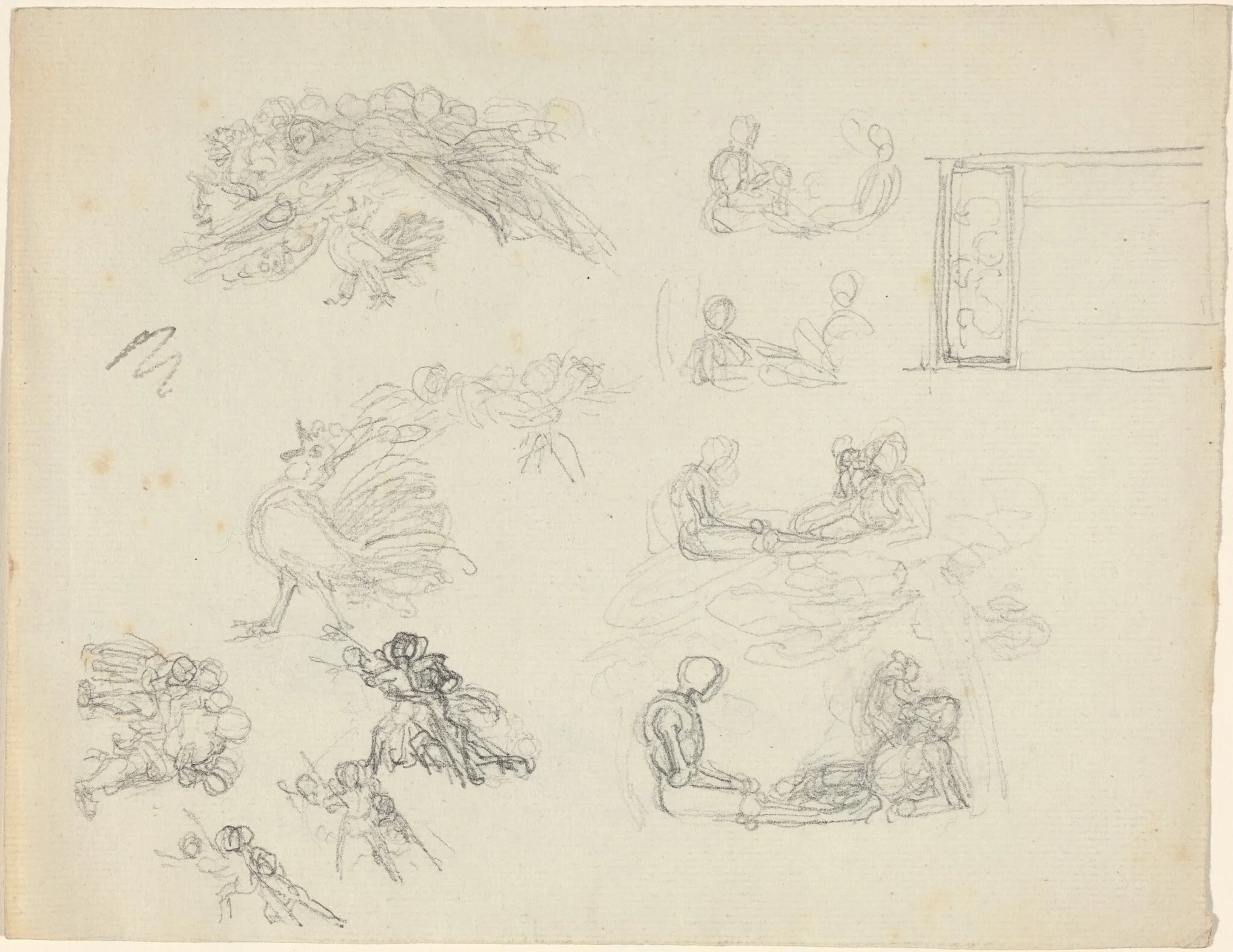 Studies of Crowing Rooster and Reclining Figures [recto and verso], detail