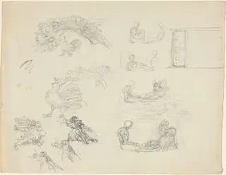 Studies of Crowing Rooster and Reclining Figures [recto and verso], by John Flaxman, graphite, 1788