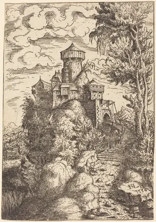 Landscape with a Fortress and Big Stairway, by Hanns Lautensack, ink, 1554