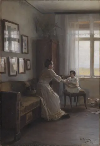 Interior with the Artist's Wife and Child, by Georg Achen, oil, 1896