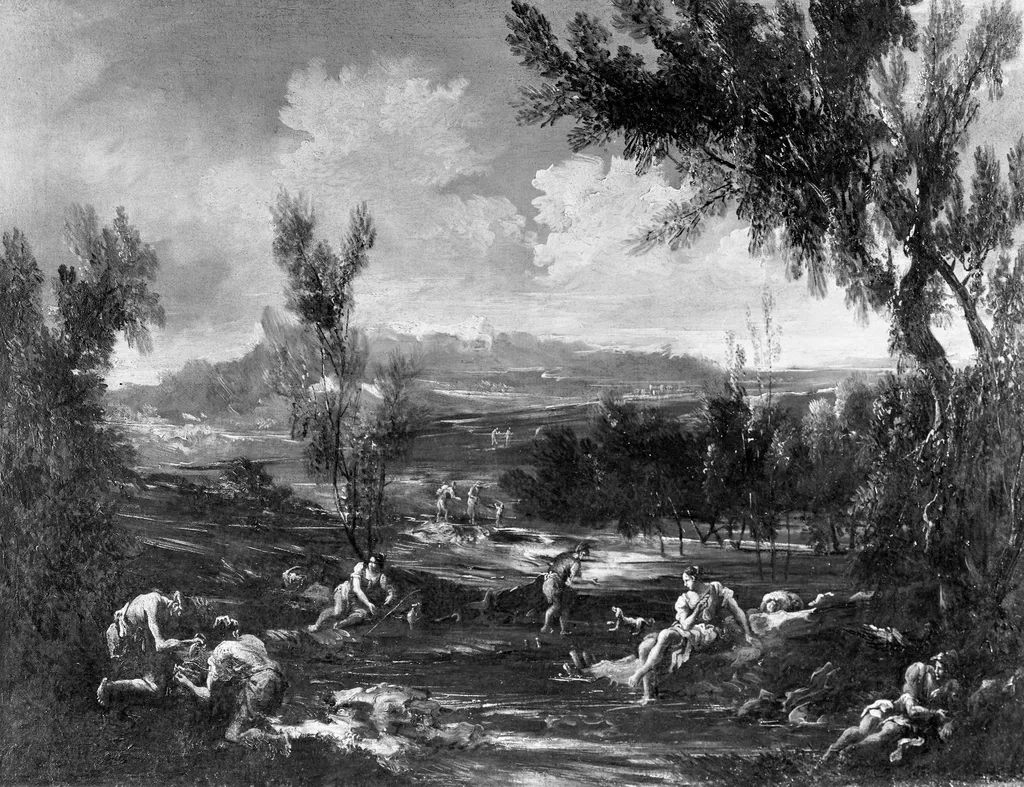 Arcadian Landscape with Figures, by Alessandro Magnasco, oil, 1700