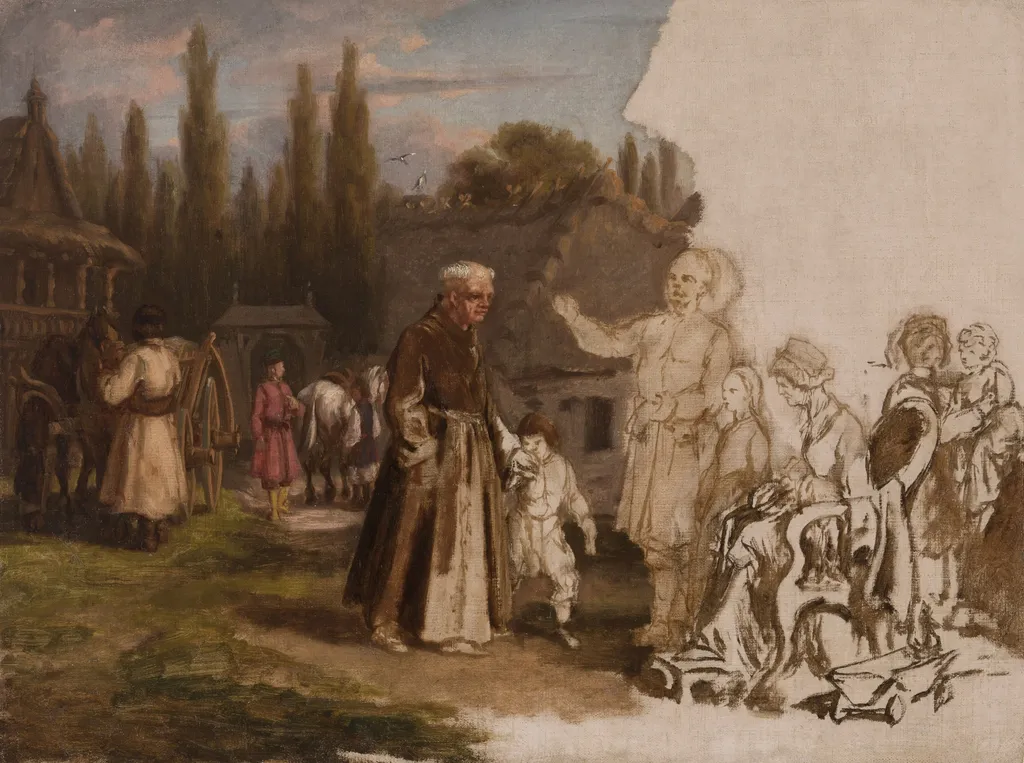 A Nobleman's Family and a Monk, by Michał Elwiro Andriolli, oil, 1874