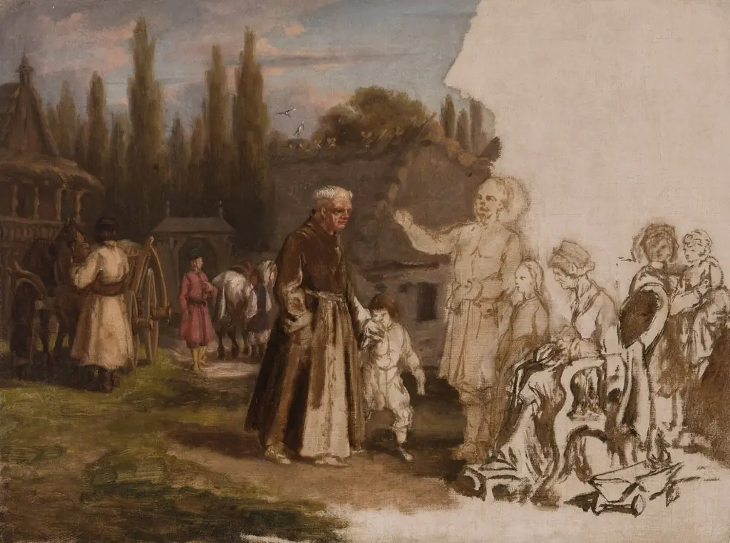 A Nobleman's Family and a Monk, by Michał Elwiro Andriolli, oil, 1874