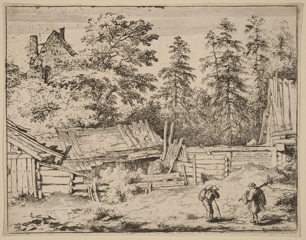Three Cottages, by Allart van Everdingen, ink, 1650