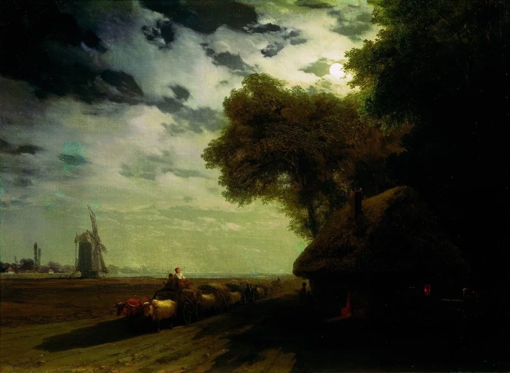 Ukrainian landscape with chumaks in the moonlight, detail