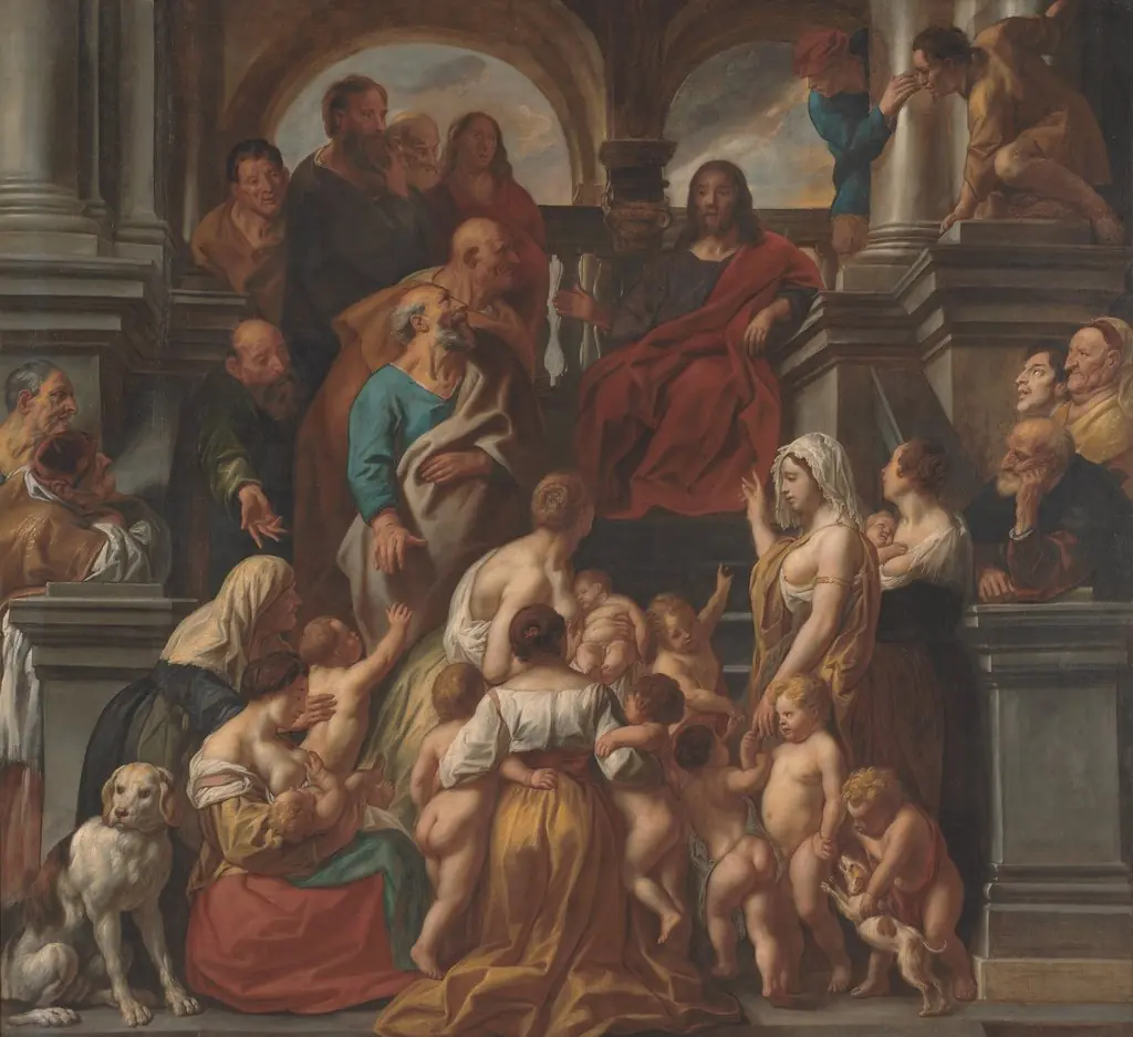 Christ blessing little Children. Suffer Little Children to Come unto me, by Jacob Jordaens, oil, 1664