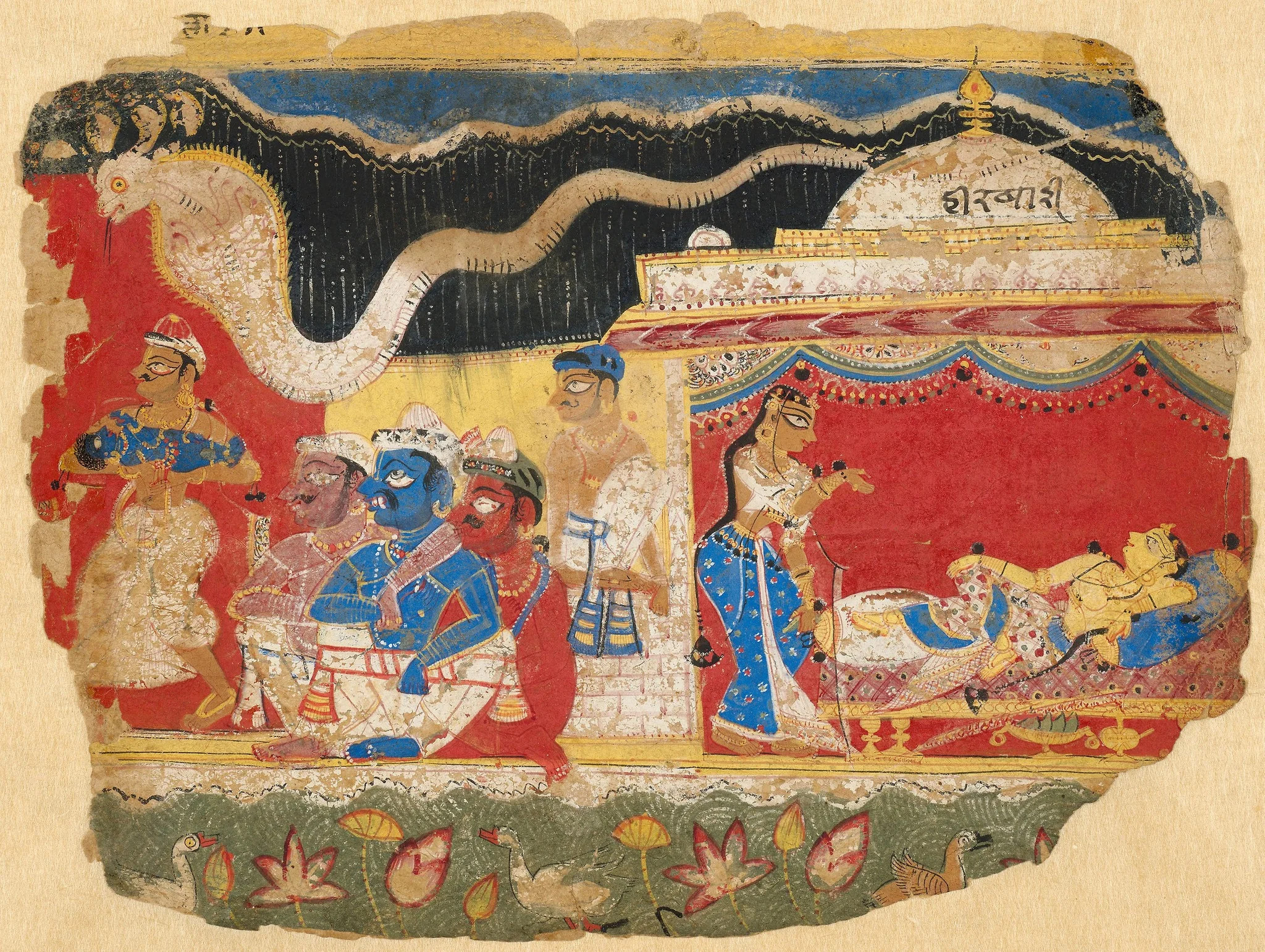 The Infant Krishna Spirited Away by Vasudev, page from the Dispersed Bhagavatapurana manuscript, detail